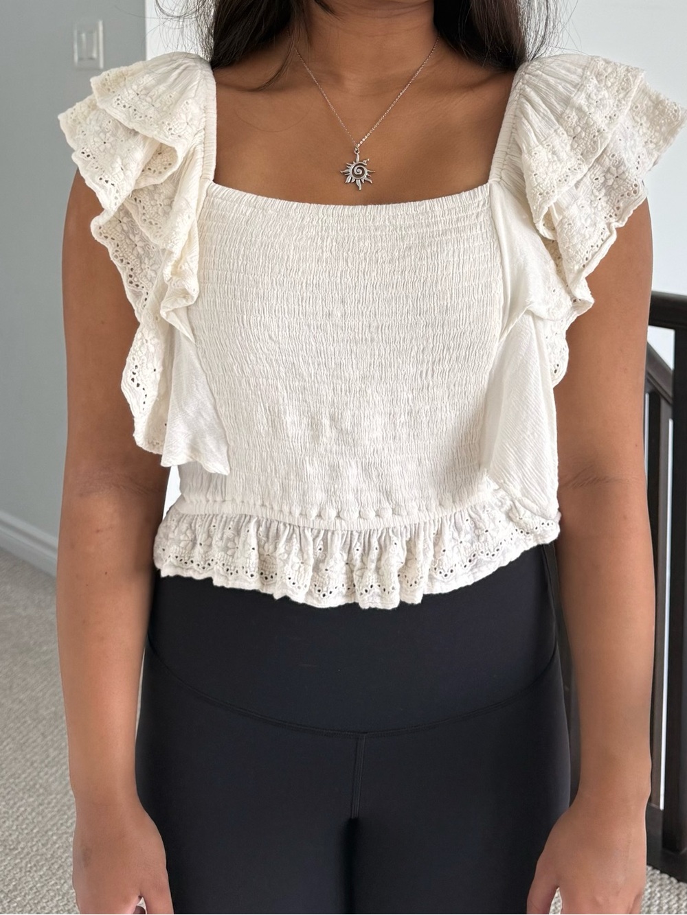 Crochet Cream Ruffled Off-Shoulder top - Picture 7 of 7